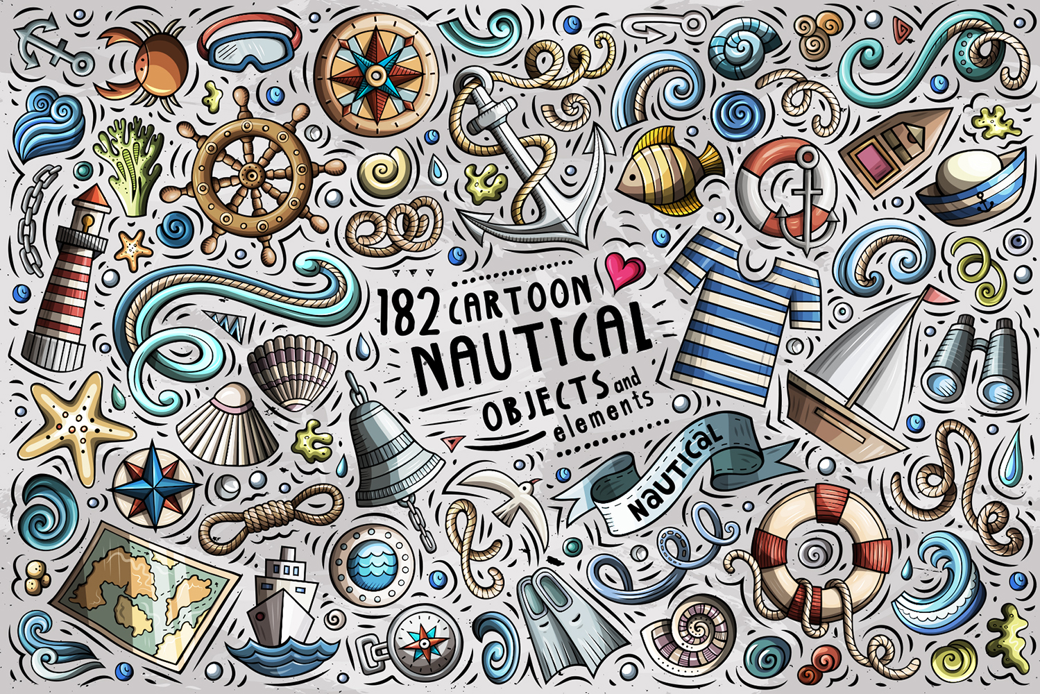 Nautical Cartoon Doodle Objects Set - Vector Image