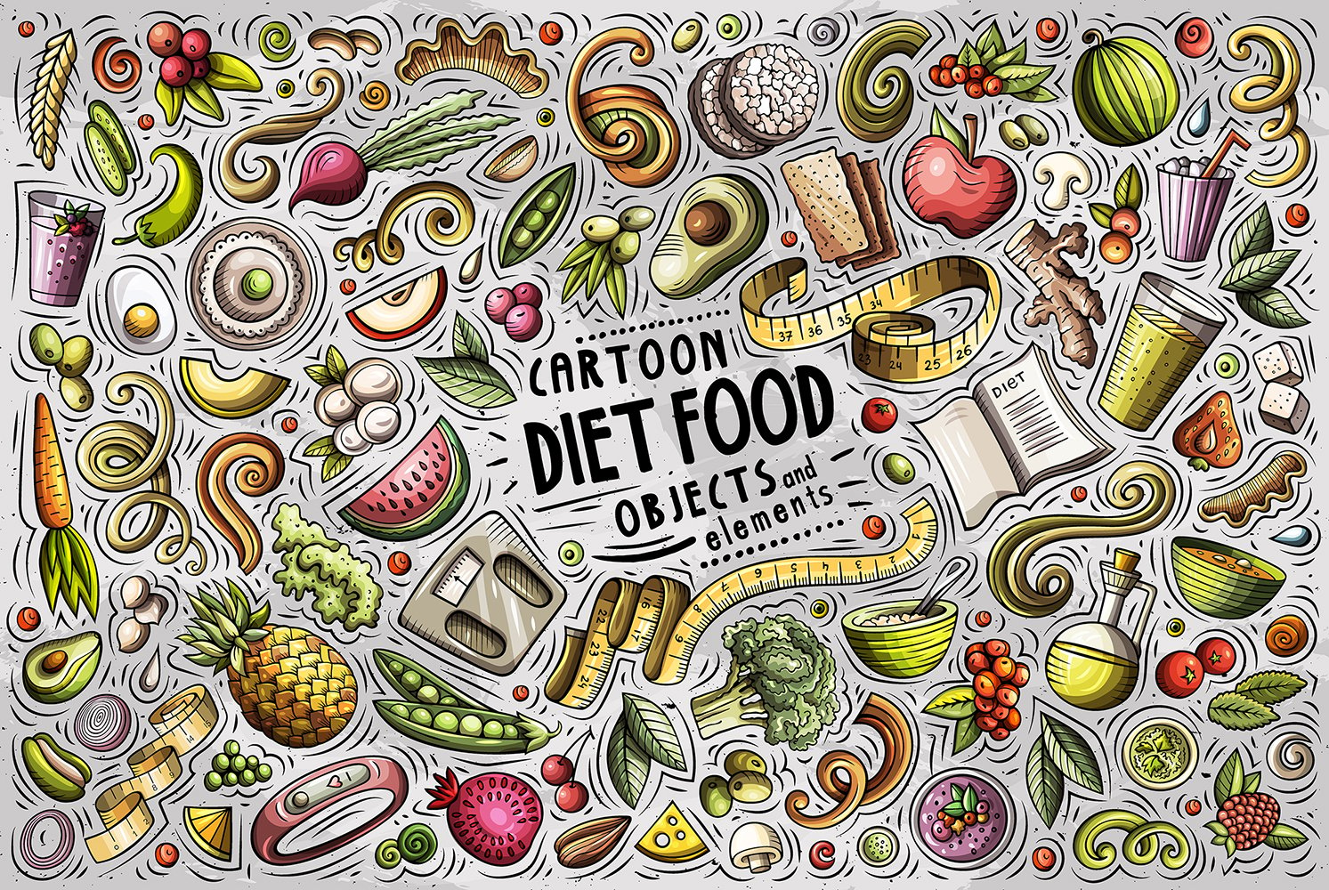 Diet Food Cartoon Doodle Objects Set - Vector Image