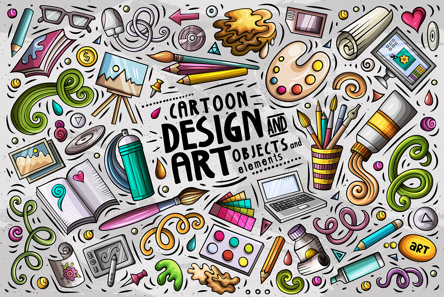 Design & Art Cartoon Doodle Objects Set - Vector Image