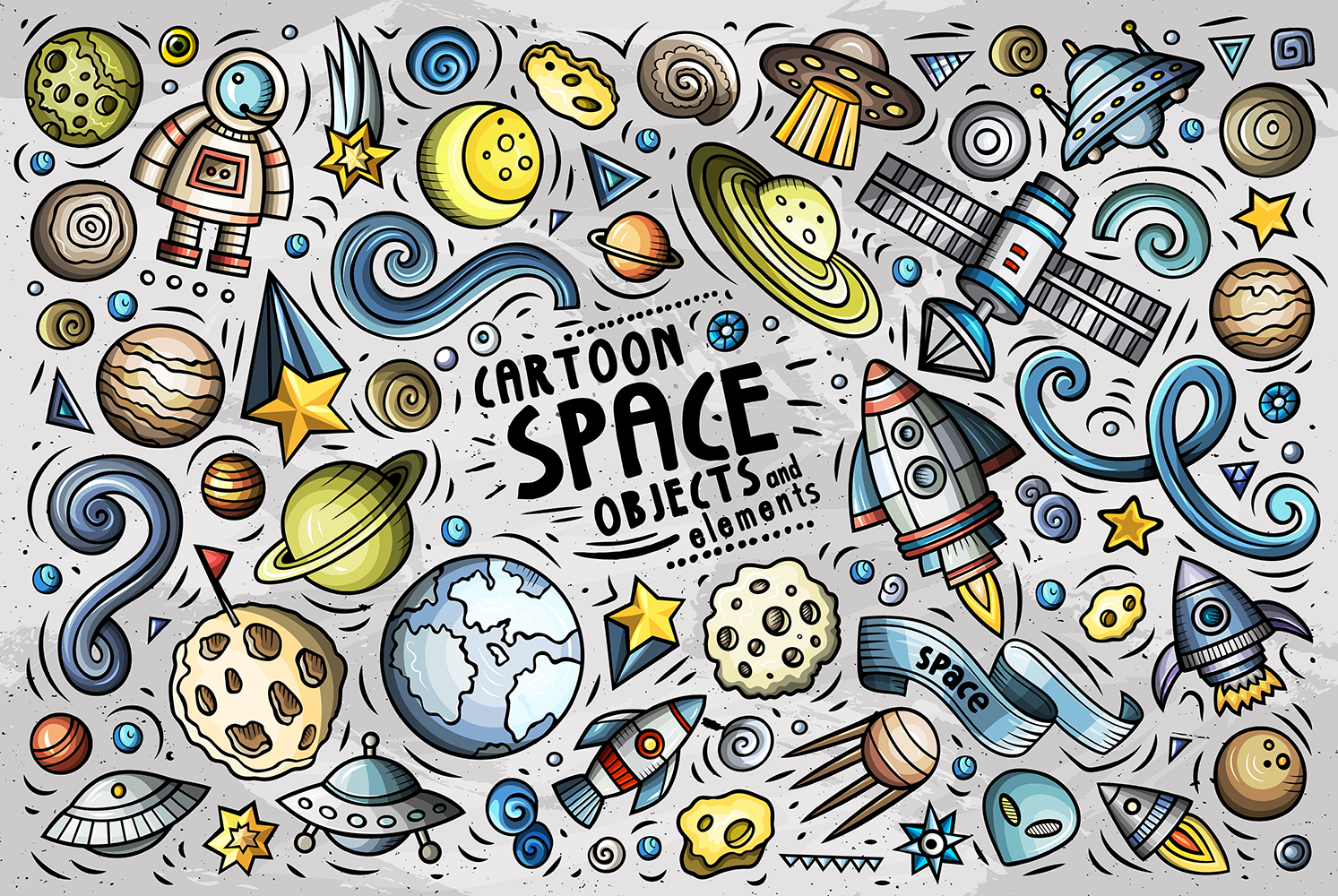 Space Cartoon Doodle Objects Set - Vector Image