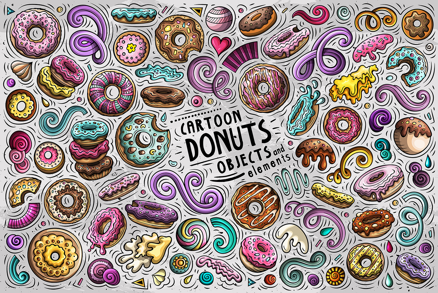 Donuts Cartoon Doodle Objects Set - Vector Image