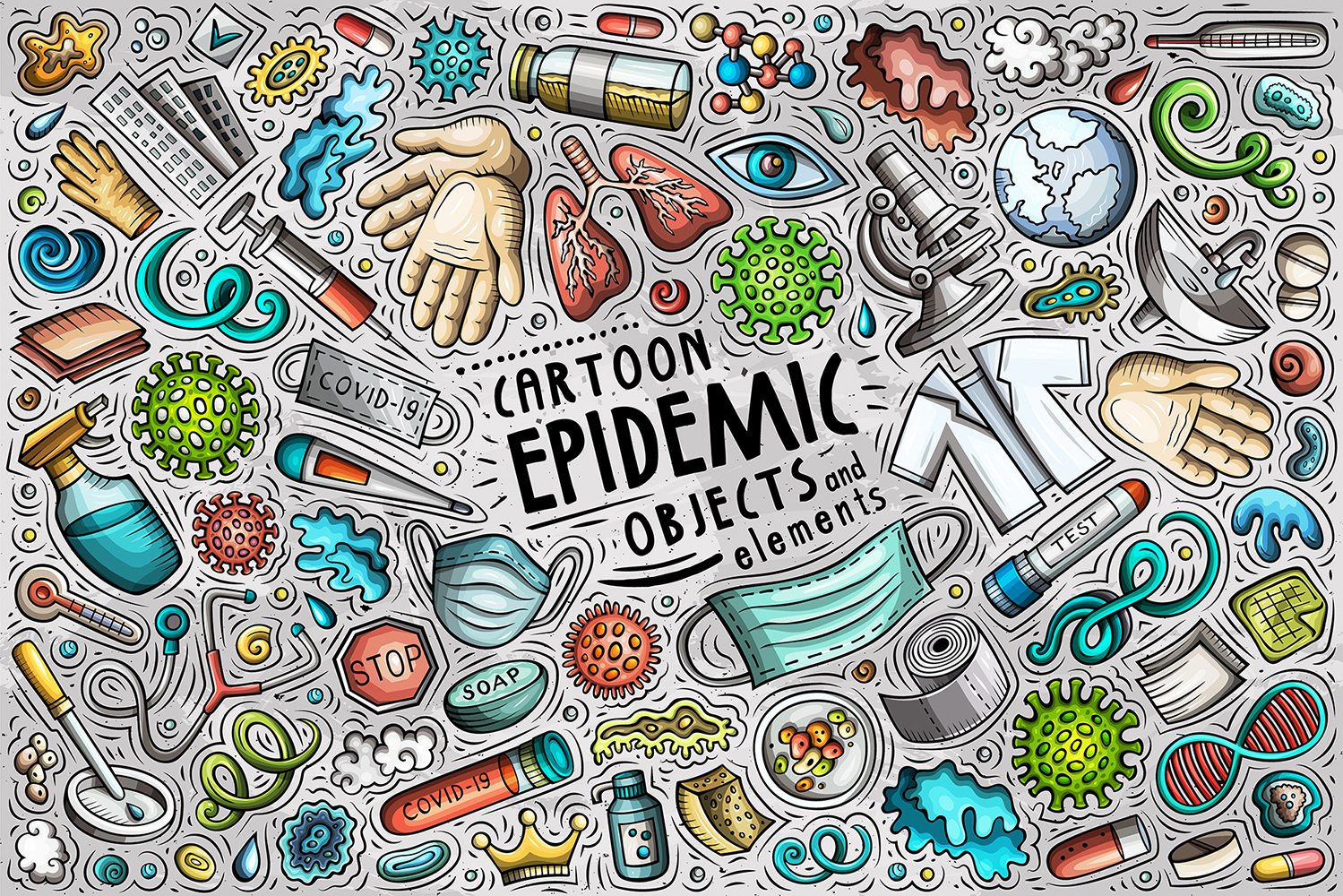 Epidemic Cartoon Doodle Objects Set - Vector Image
