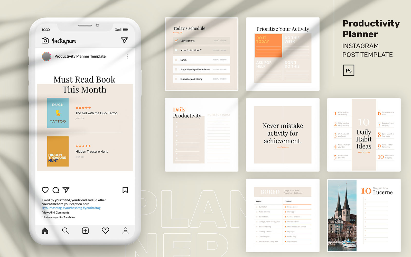 Productivity Planner Instagram Post PSD Template for Social Media