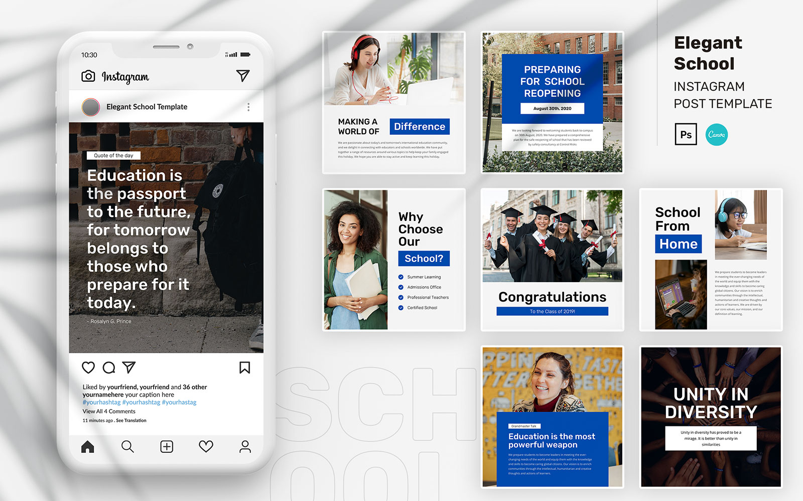 Elegant School Instagram Post PSD & Canva Template for Social Media