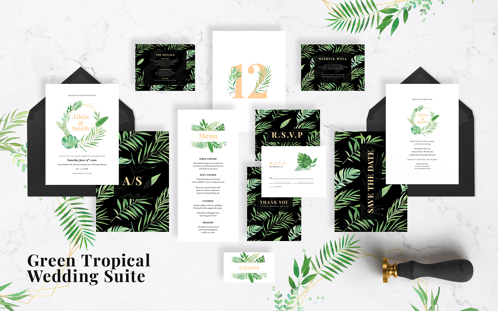 Green Tropical Wedding Invitation Suite - Corporate Identity Template