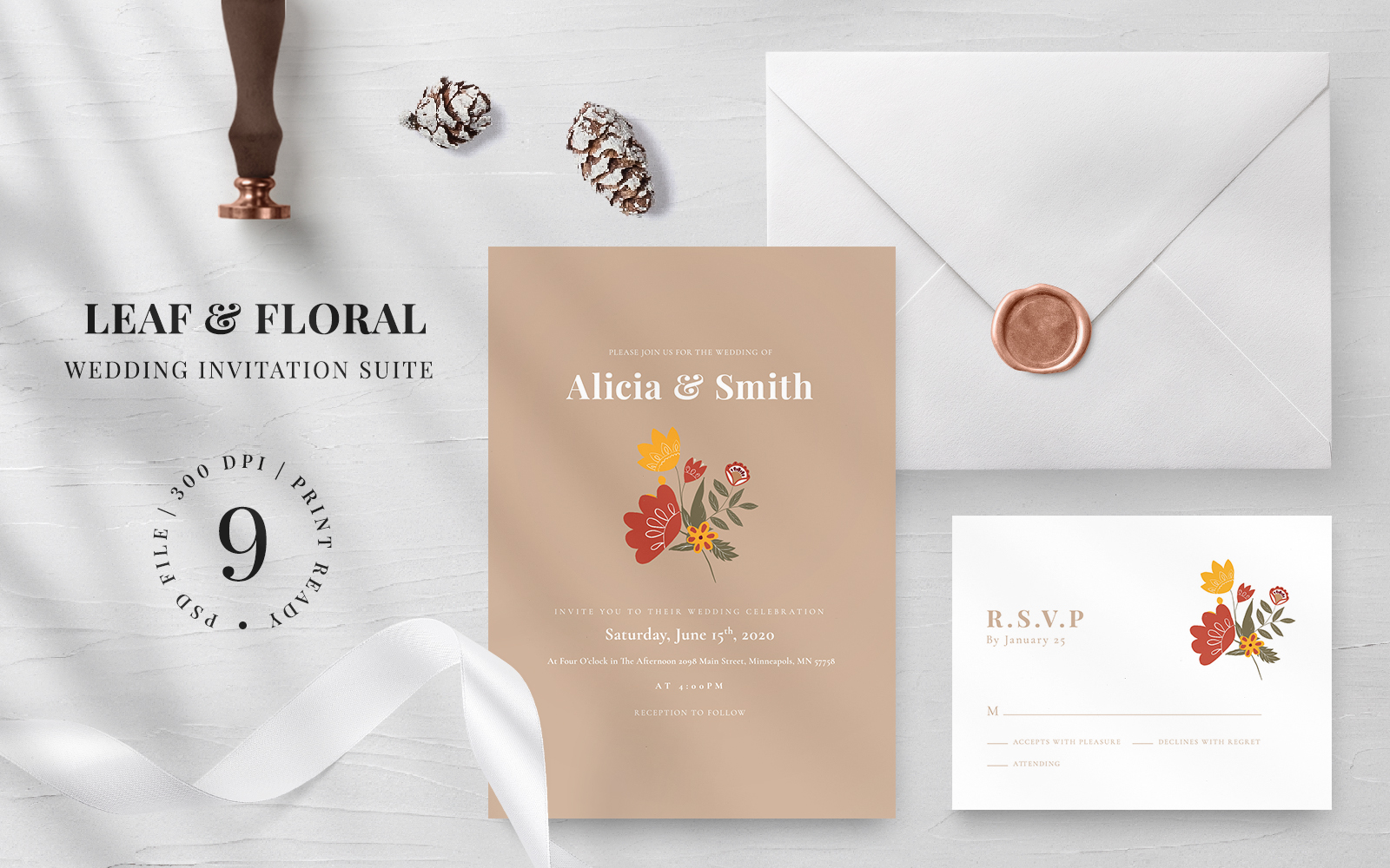 Leaf & Floral Wedding Invitation Suite - Corporate Identity Template