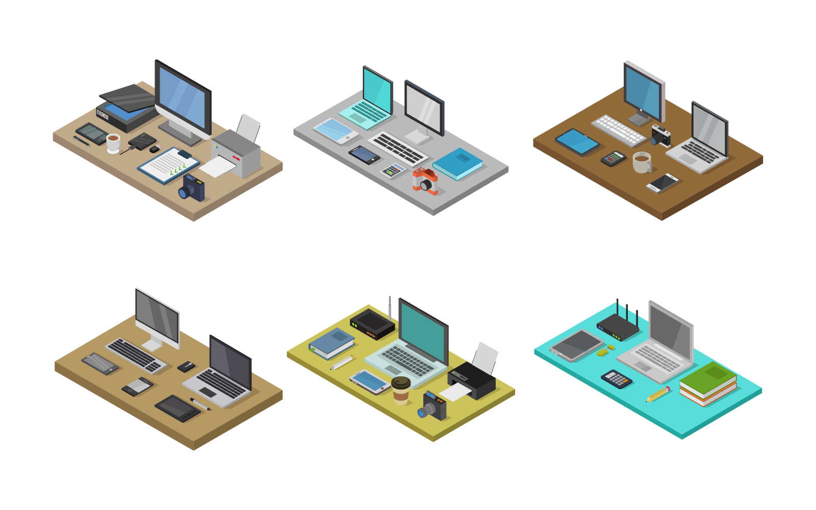 Isometric Office Desk Set - Vector Image