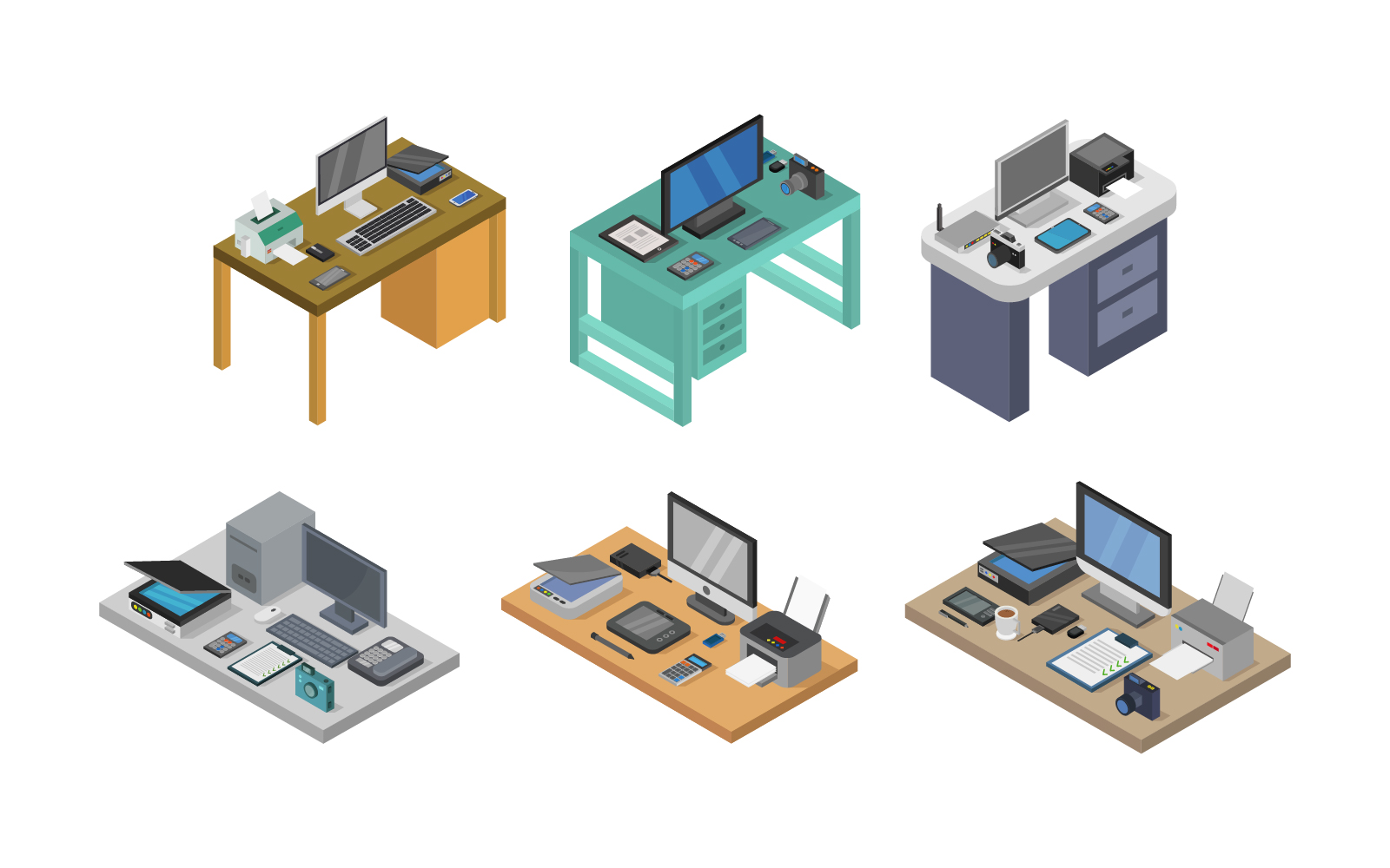 Isometric Office Desk Set - Vector Image