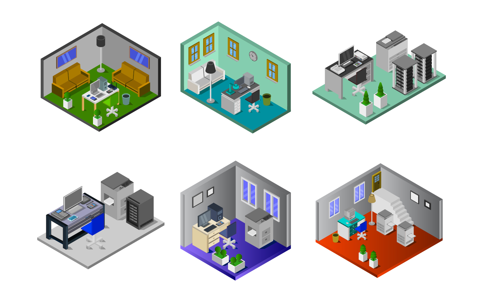 Isometric Office Room Set - Vector Image