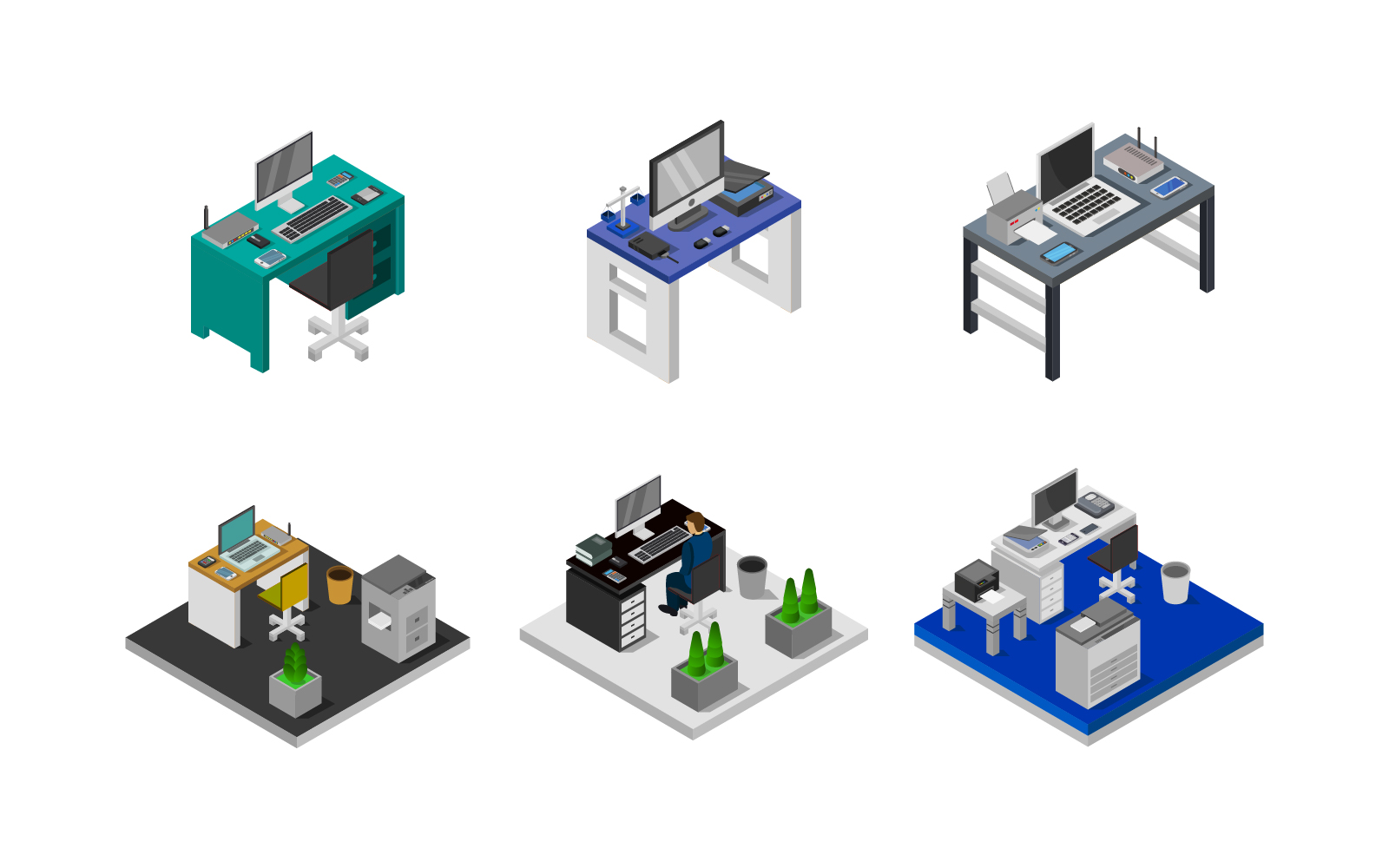 Isometric Office Desk Set - Vector Image