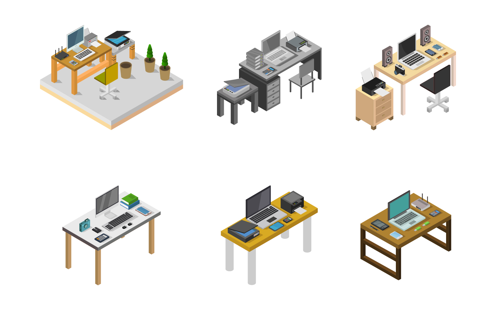 Isometric Office Desk Set On Background - Vector Image