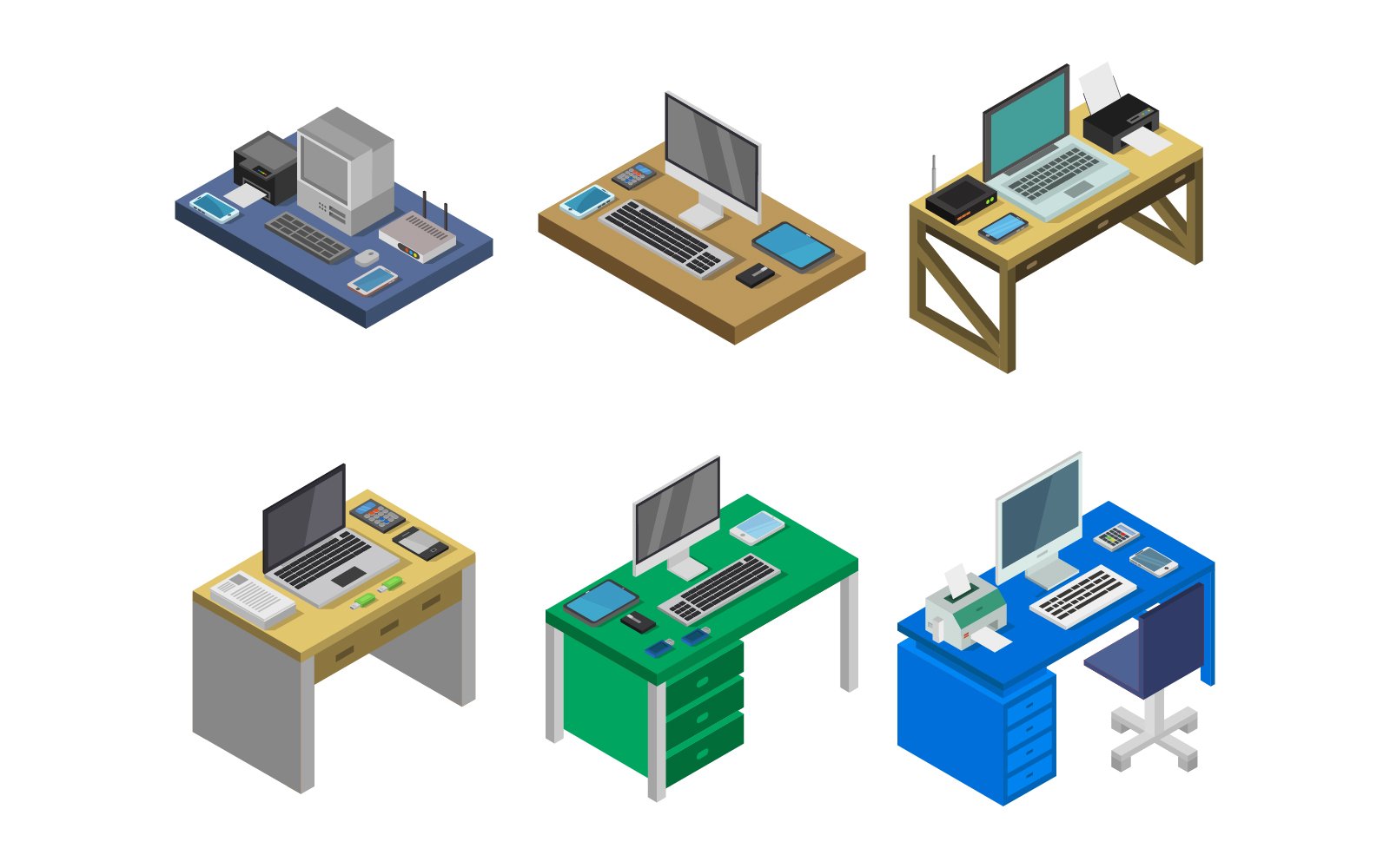 Isometric Office Desk Set - Vector Image