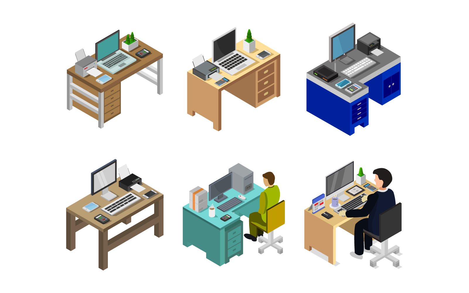 Isometric Office Desk Set - Vector Image