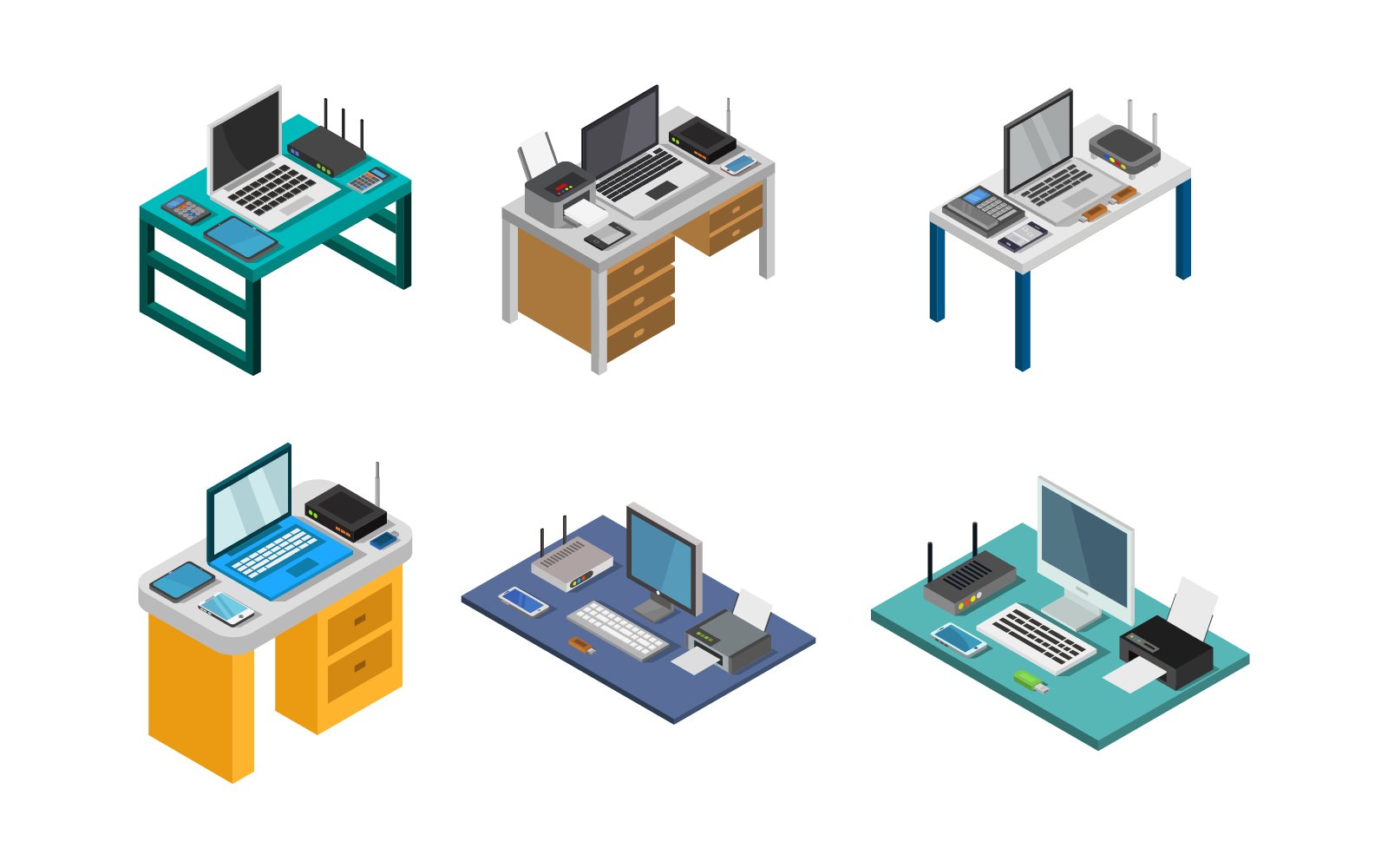 Isometric Office Desk Set - Vector Image