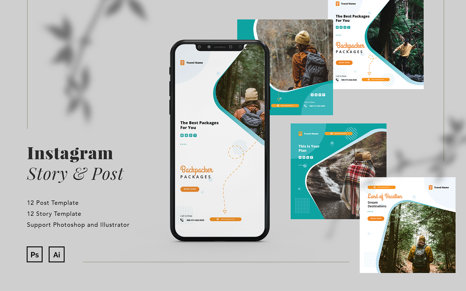 Backpacker Travel Instagram Ads Post & Story Template for Social Media