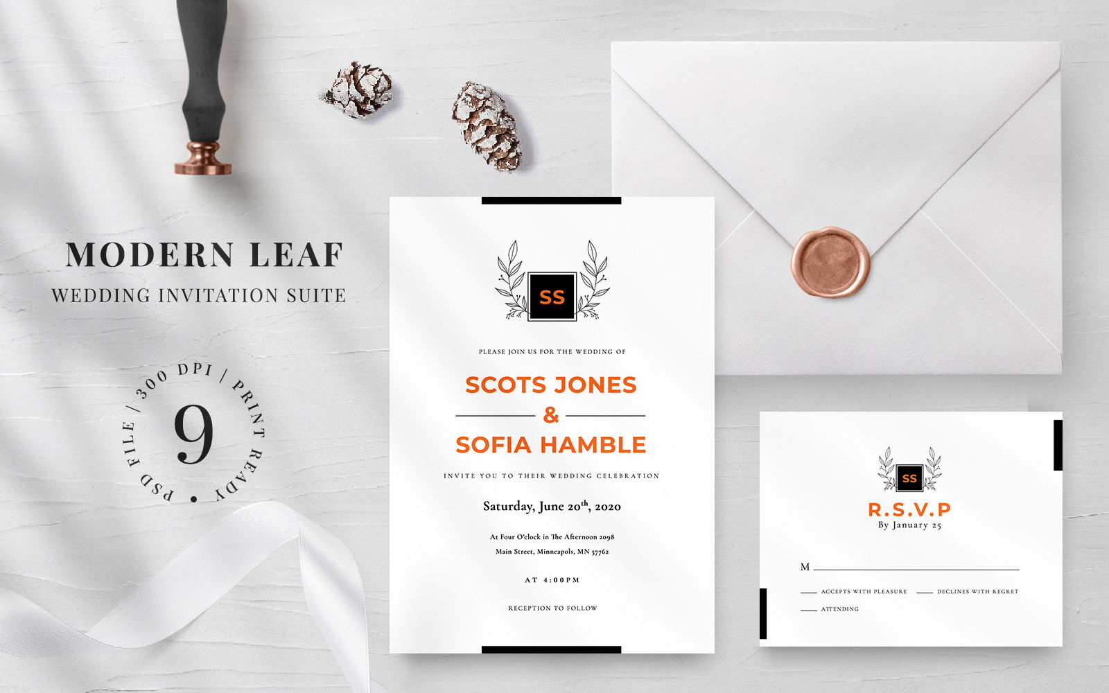 Modern Leaf Wedding Invitation Suite - Corporate Identity Template