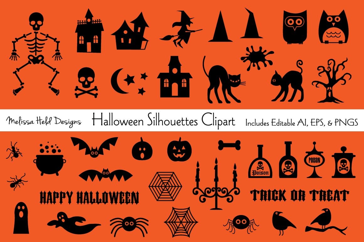 Halloween Black Silhouette Vector Clipart - Illustration