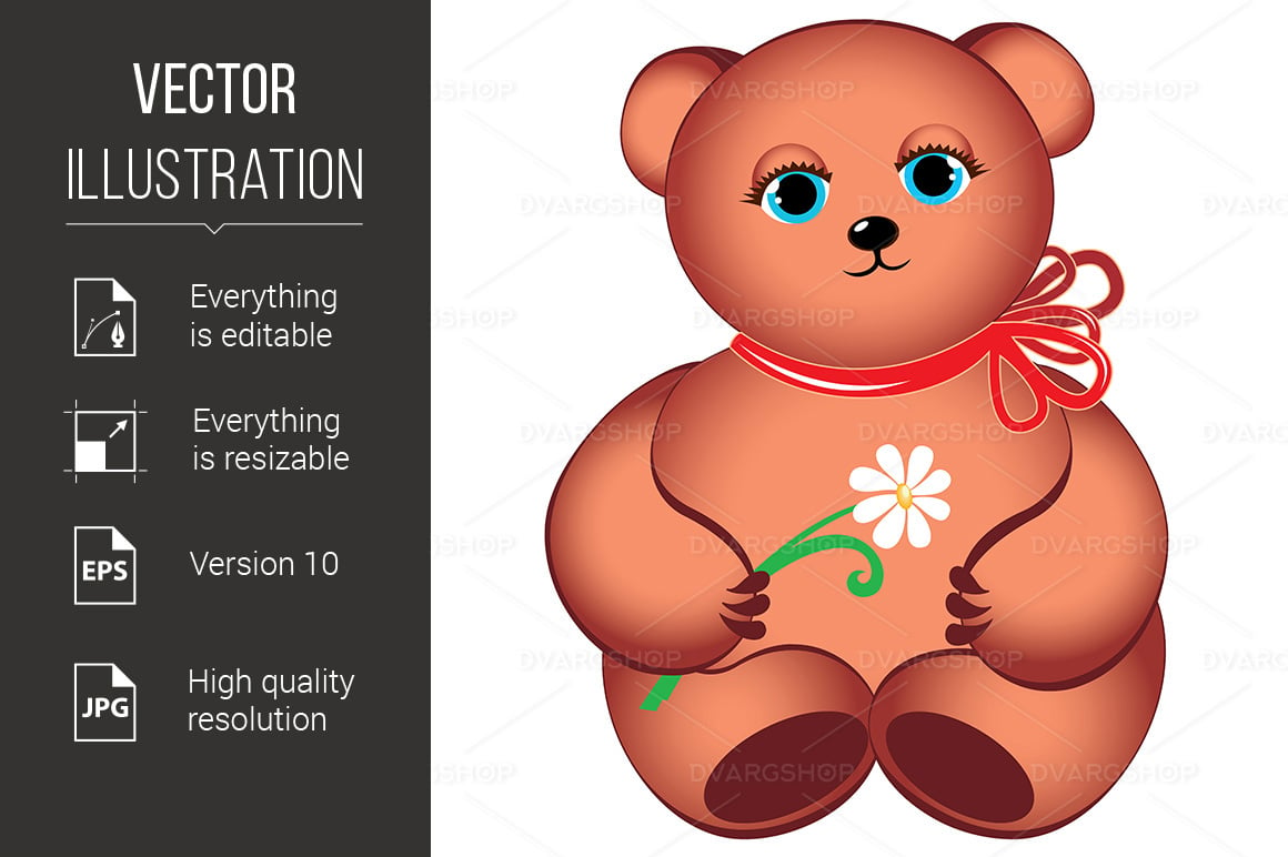 Little Teddy Bear with Flower Illustration on White Background - Vector Image