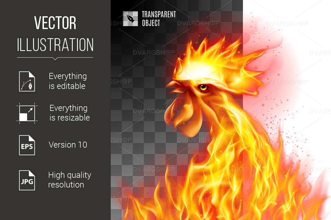 Fiery Golden Rooster - Vector Image