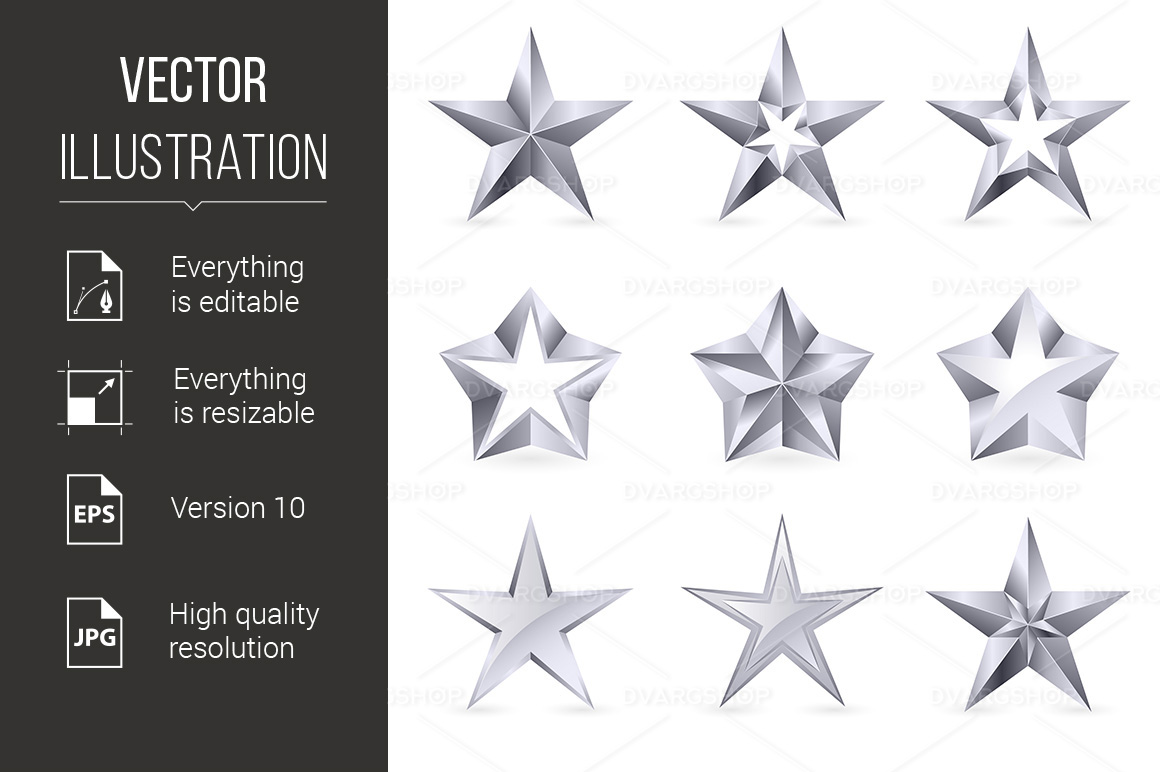 Different Types and Forms of Silver Stars - Vector Image