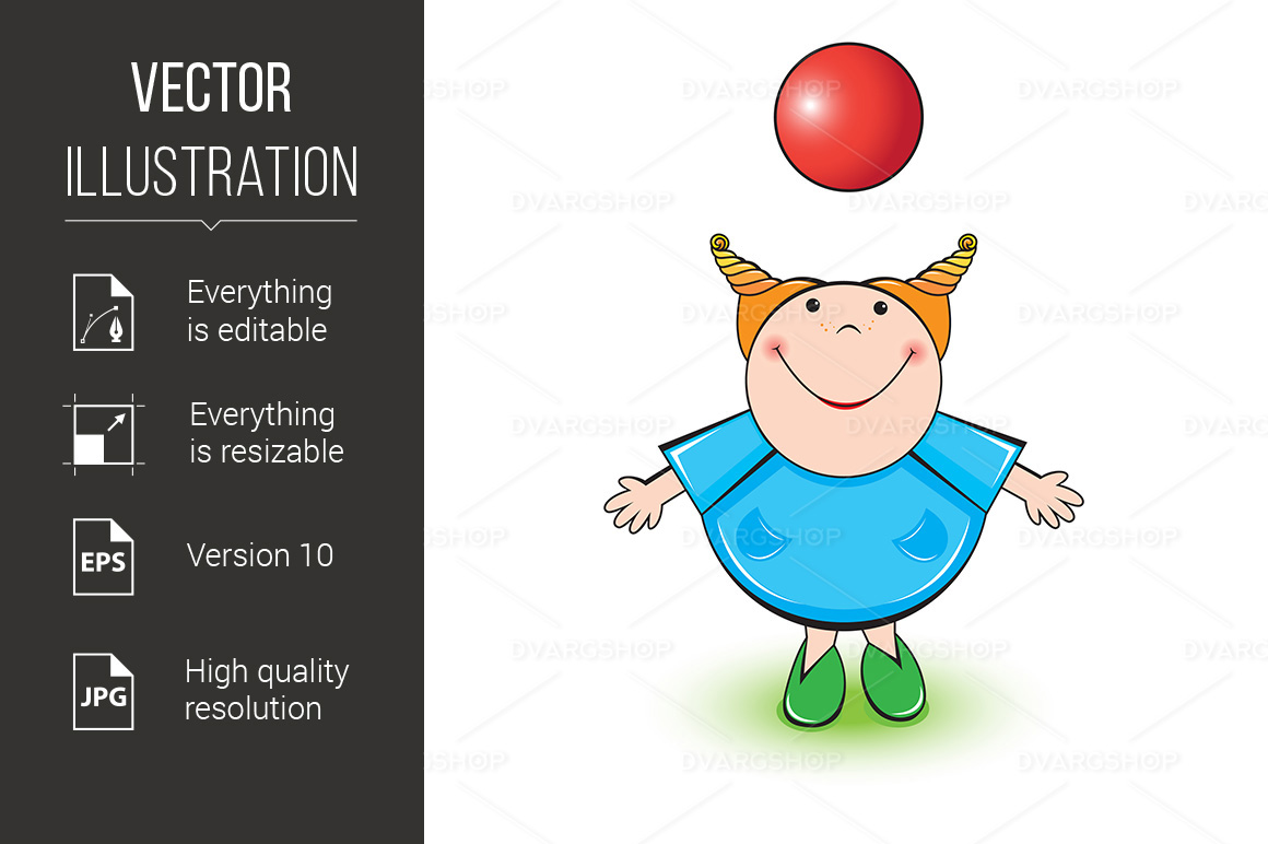 Little Girl and Red Ball - Vector Image