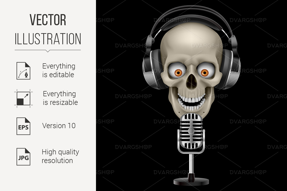 Human Skull in Headphones  with Eyes - Vector Image