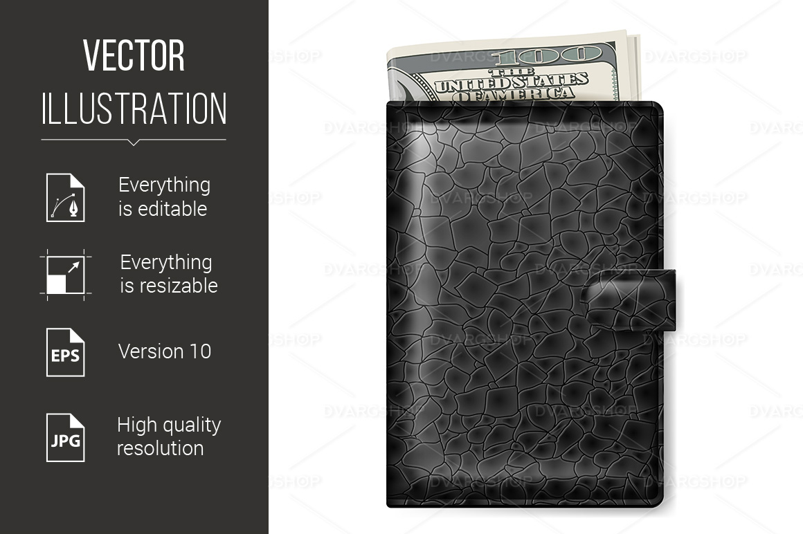 Black Leather Wallet With Dollars - Vector Image