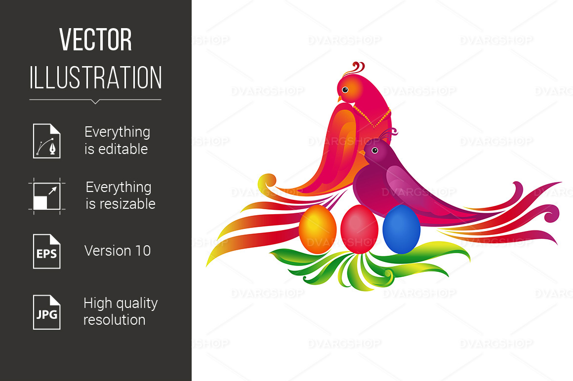 Easter Eggs, and Birds Illustration on White Background - Vector Image