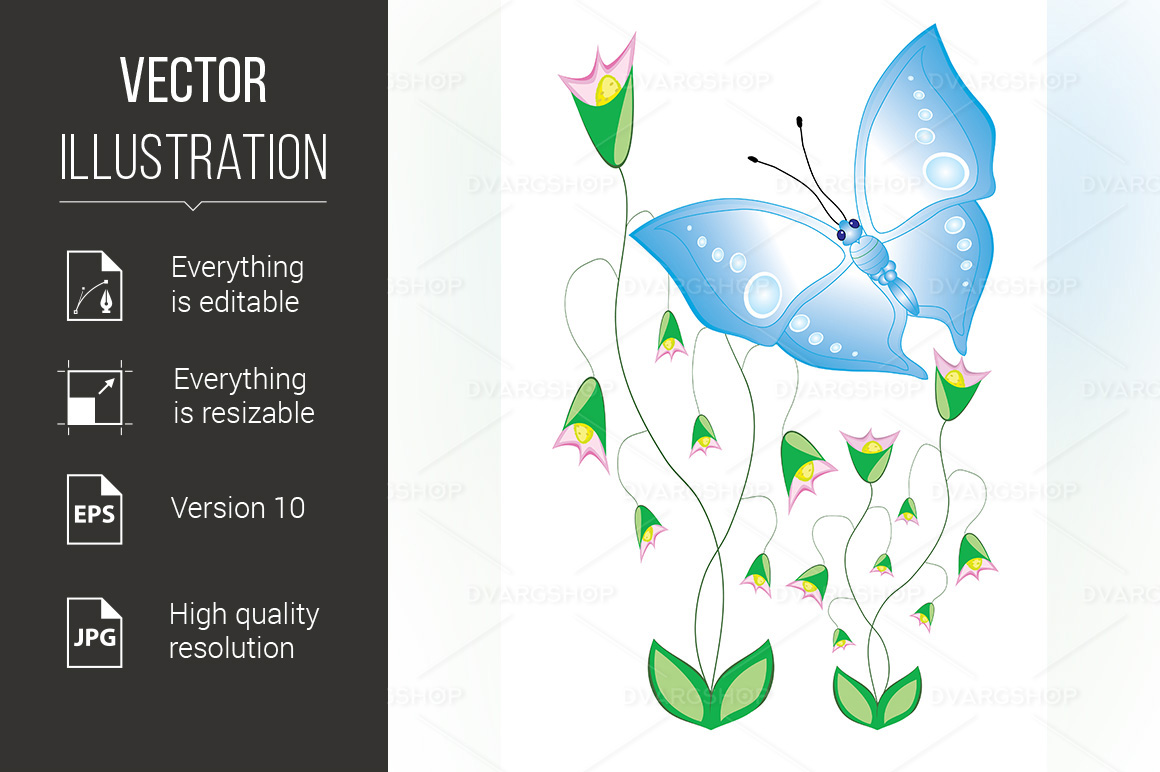 Cartoon Butterflies with Flowers - Vector Image