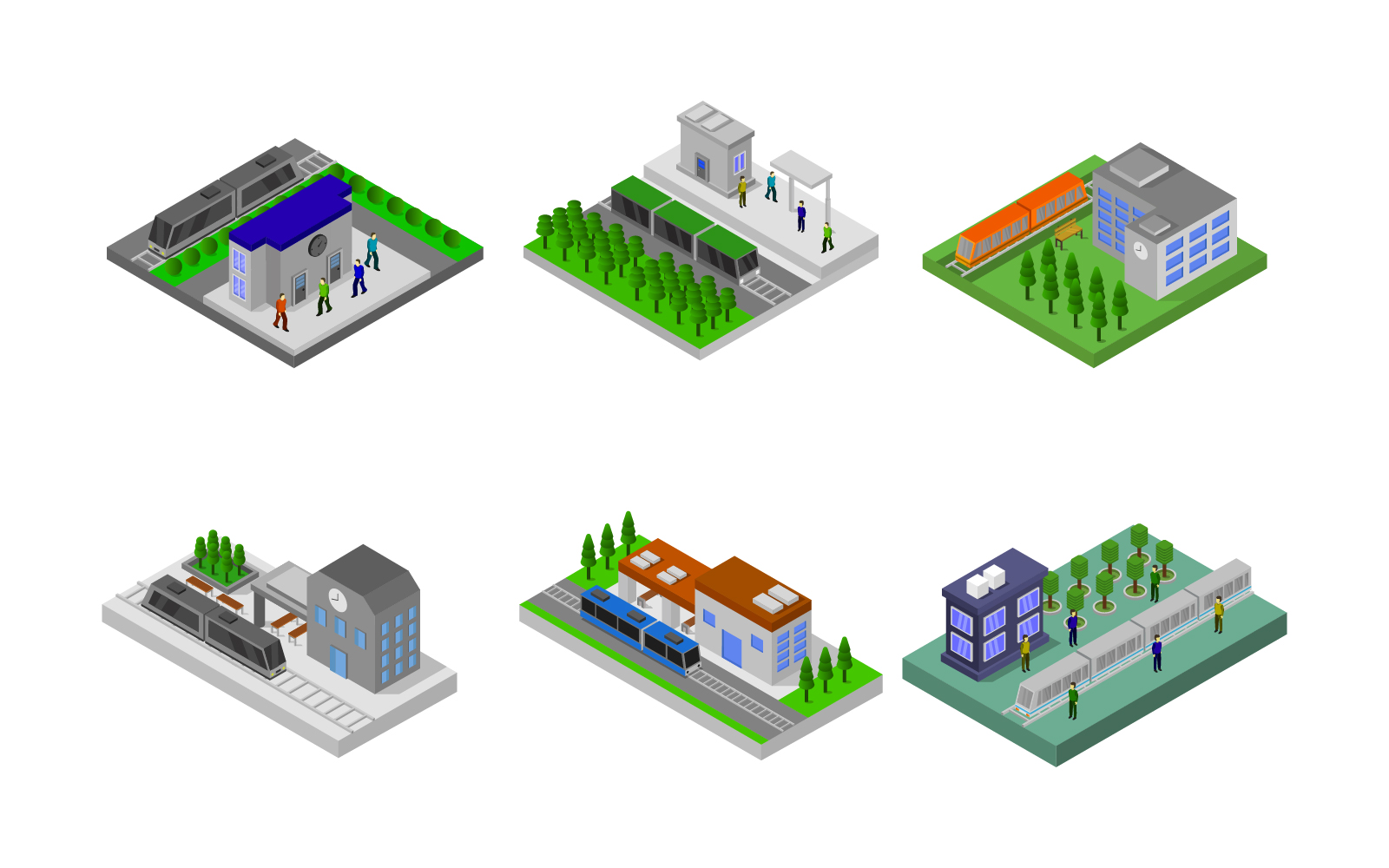 Isometric Train Station Set - Vector Image