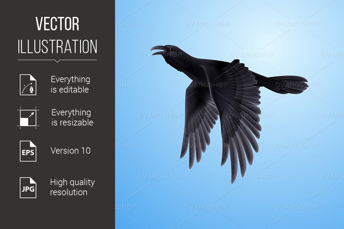 Black Raven on Blue Background - Vector Image