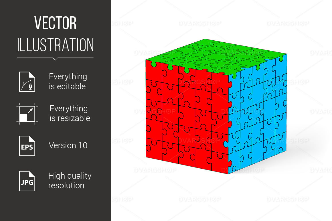 Colorful Cube Made of Puzzle Elements - Vector Image