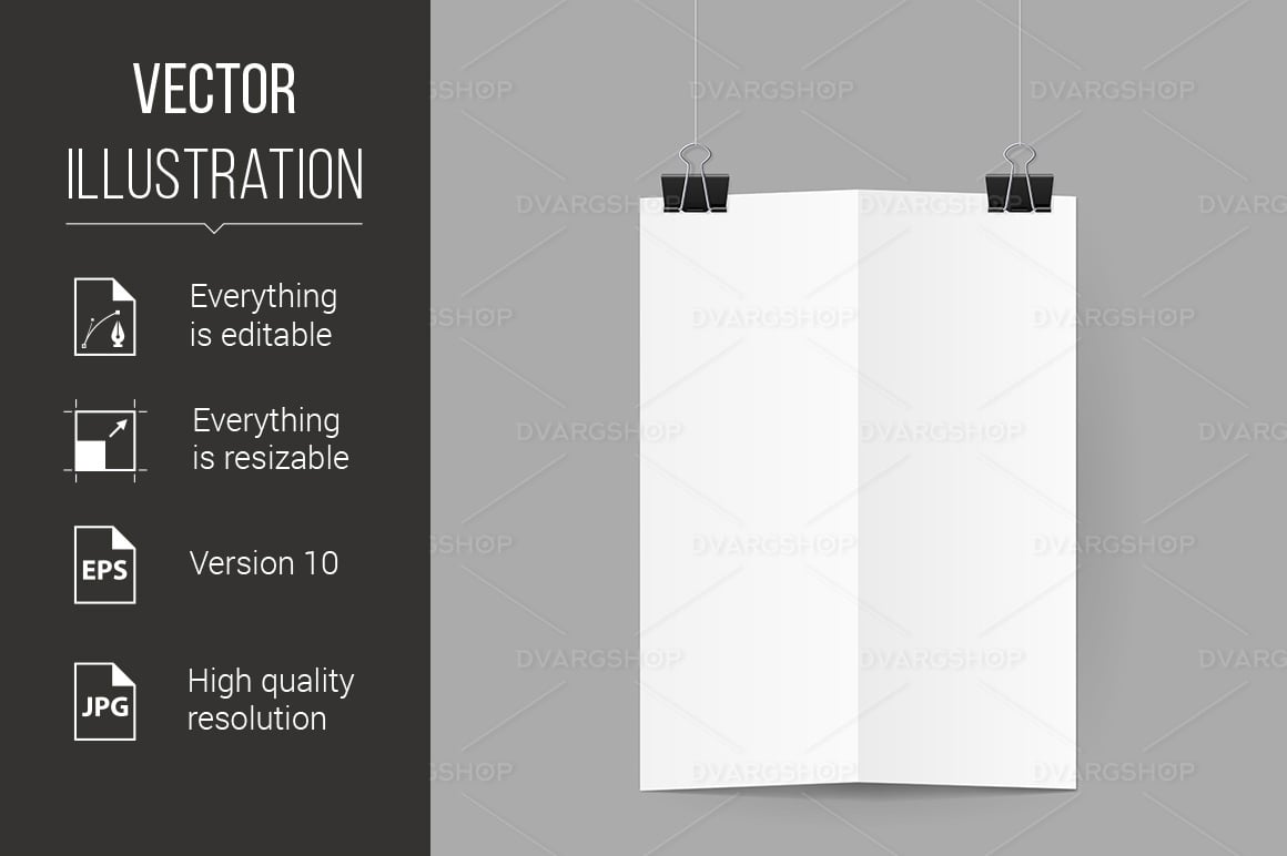 White Sheet of Paper Folded in Half Handing on Black Binder Clips - Vector Image