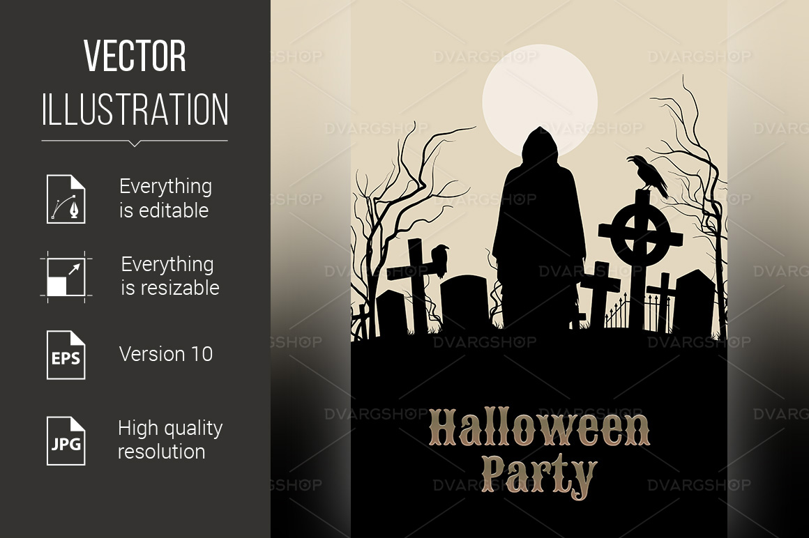 Halloween Party on a Spooky Graveyard - Vector Image