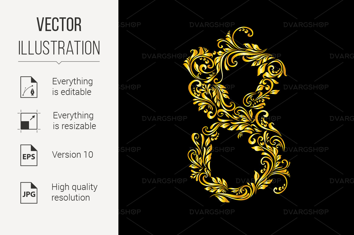 Decorated Eight Digit on Black - Vector Image