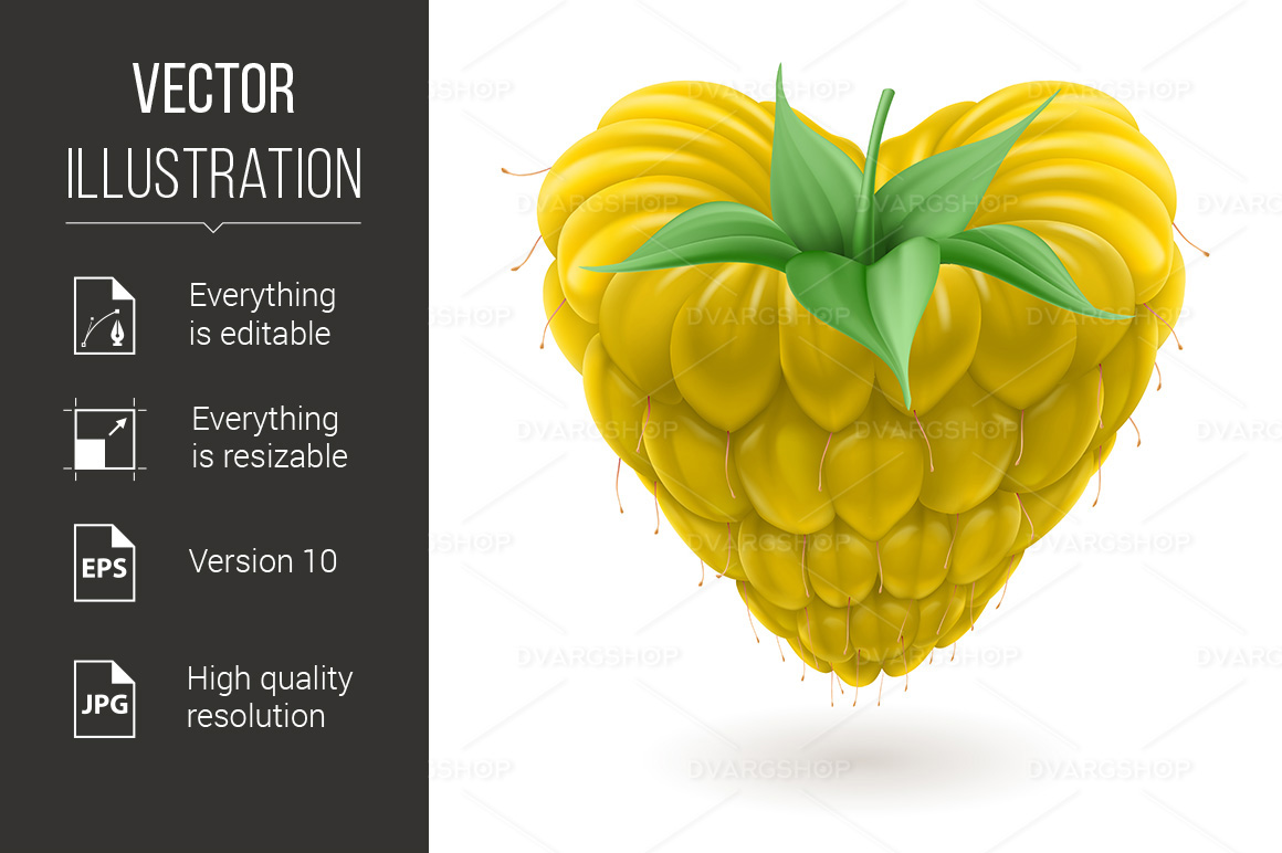 Yellow Raspberry Heart with Green Leaves - Vector Image