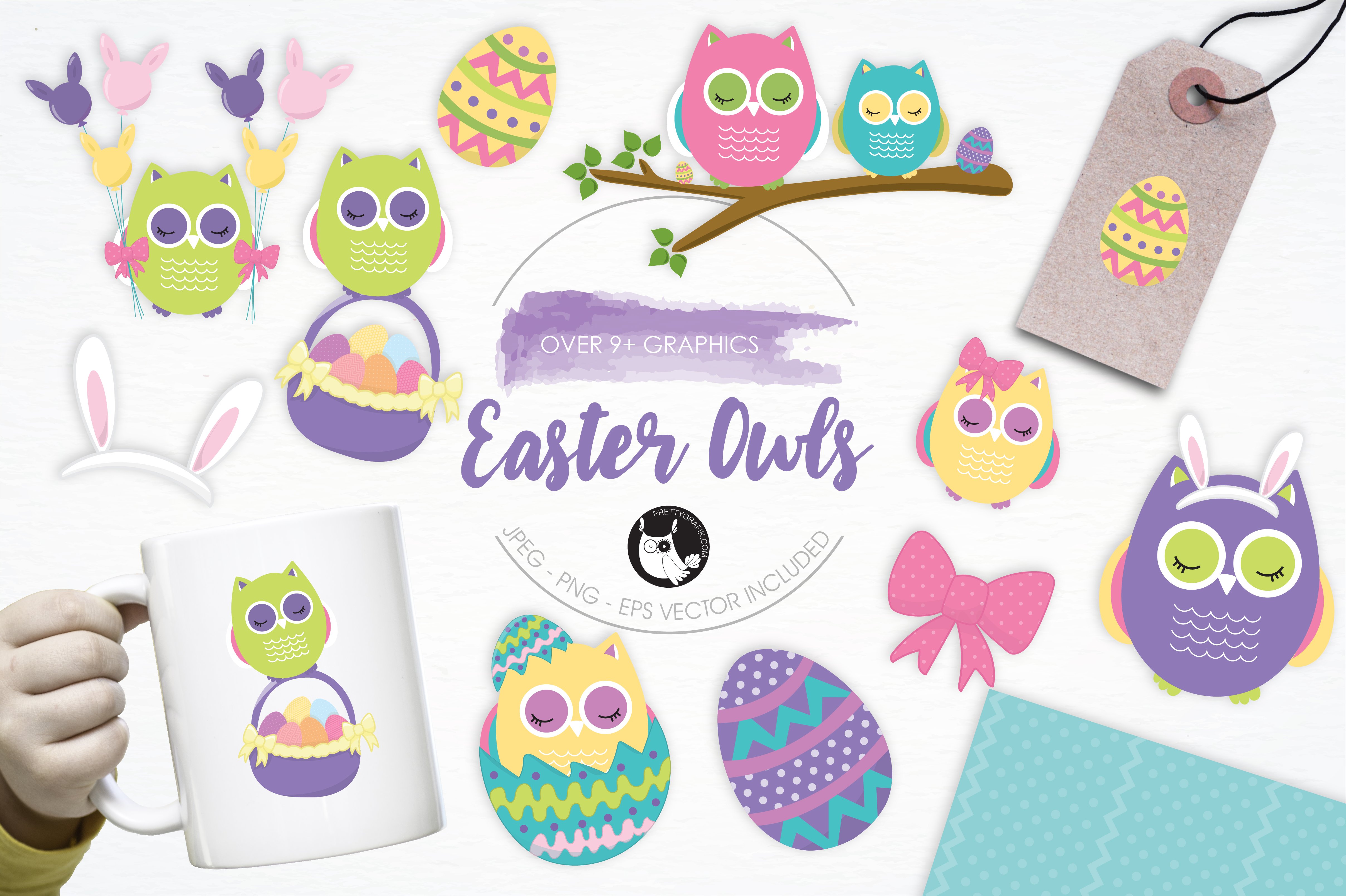 Easter Owls illustration pack - Vector Image