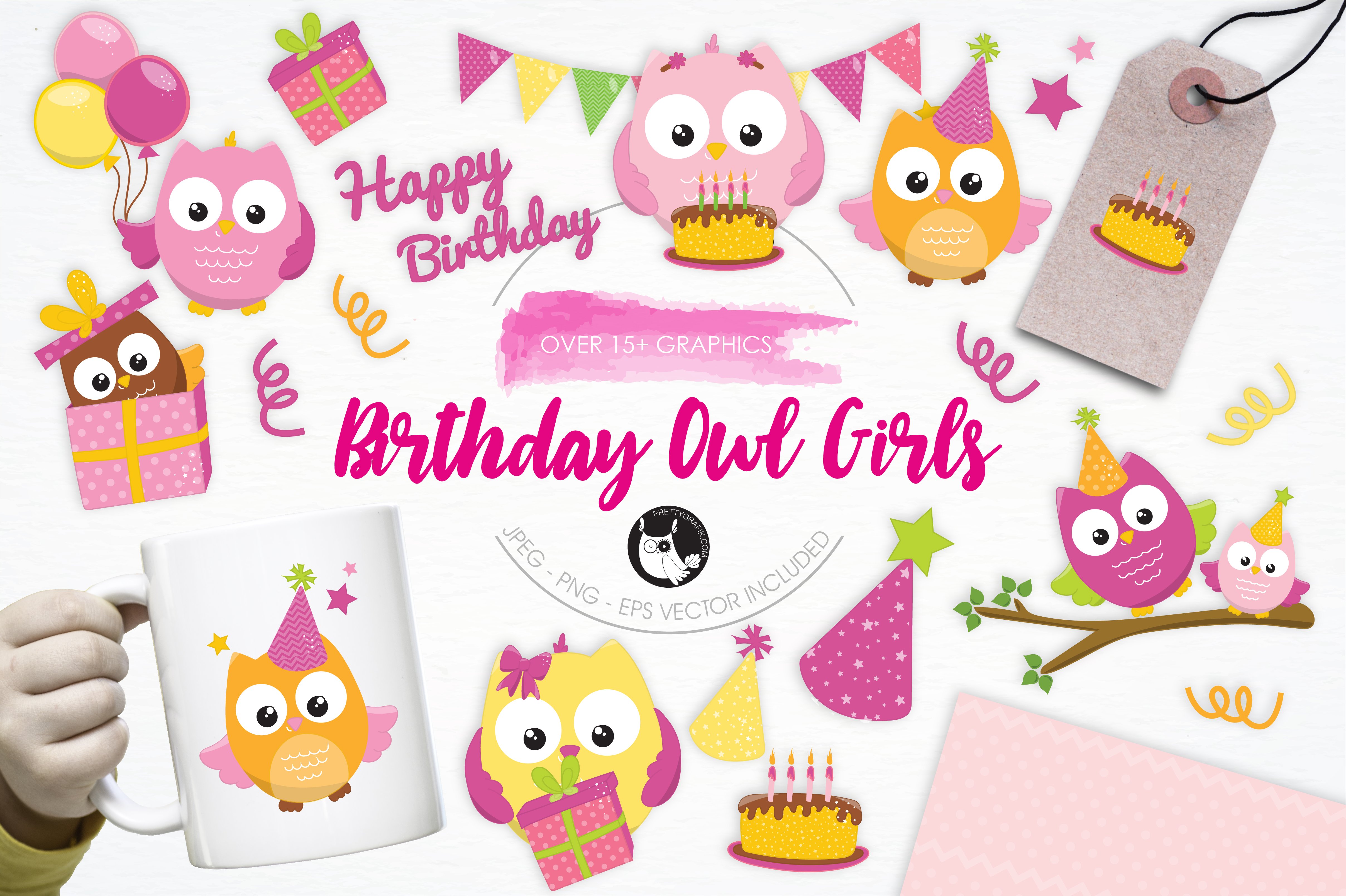 Birthday Owls Girls illustrations - Vector Image