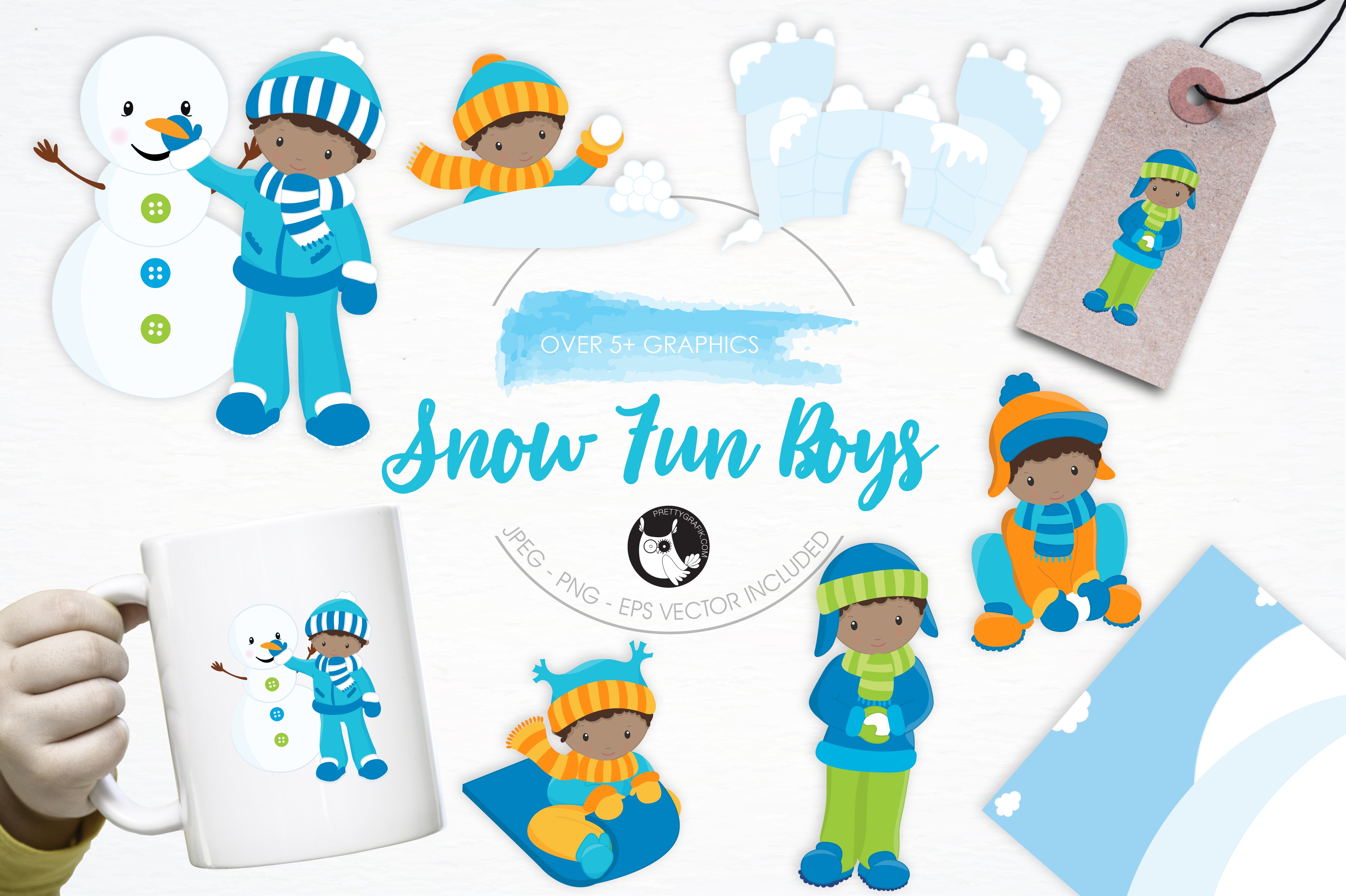 Snow Fun Boys illustration pack - Vector Image