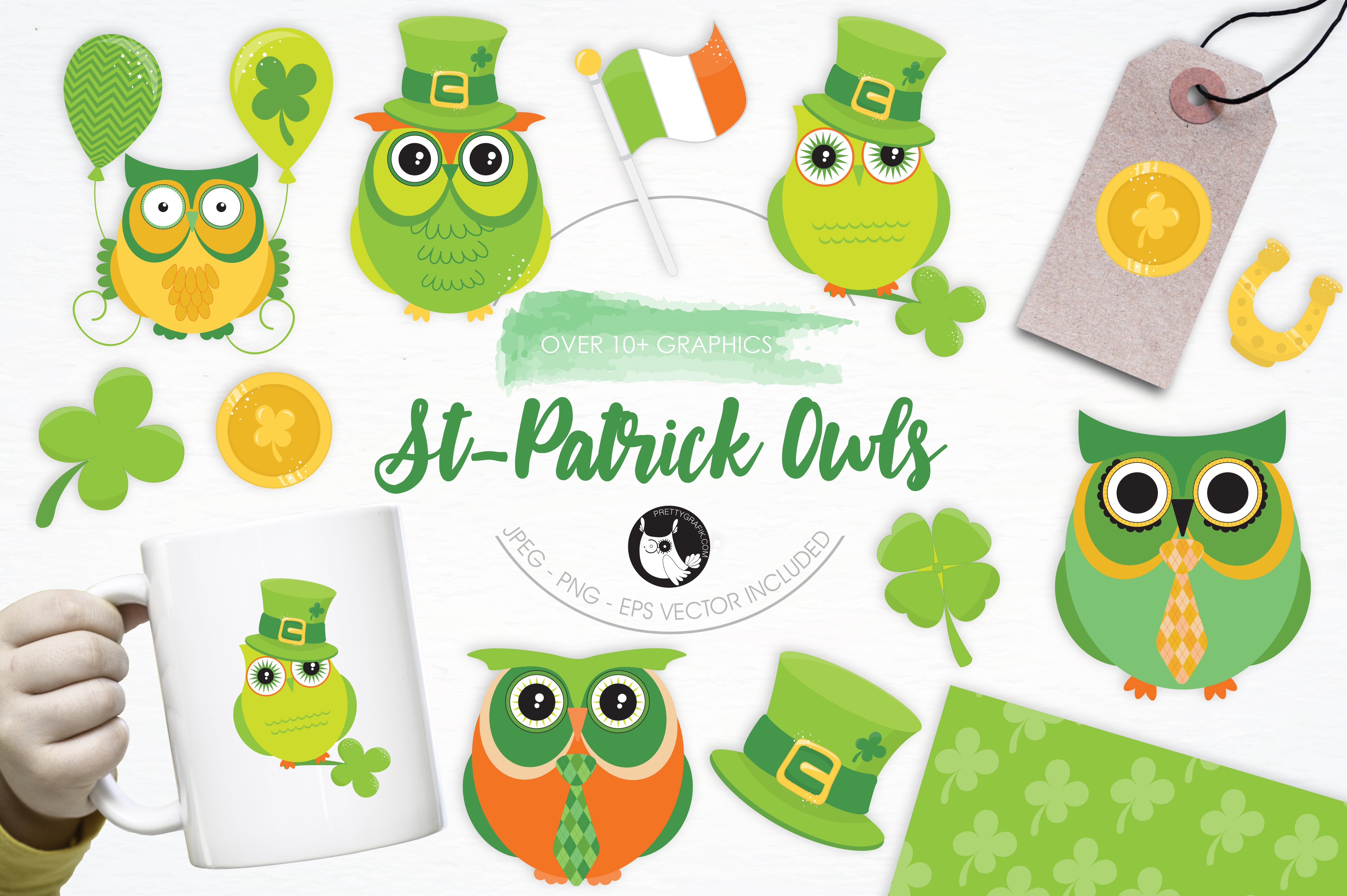 St Patrick Owls illustration pack - Vector Image