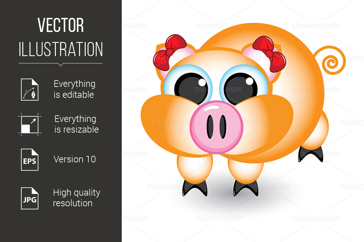 Cartoon Pig with Bows - Vector Image