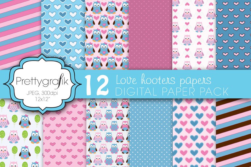 Love Owls Digital Paper, Commercial - Vector Image