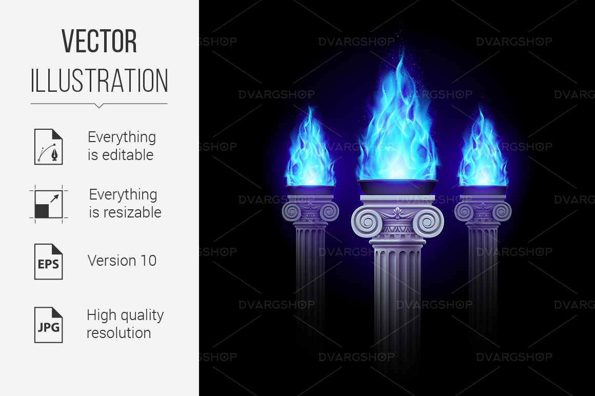 Columns with Blue Fire - Vector Image