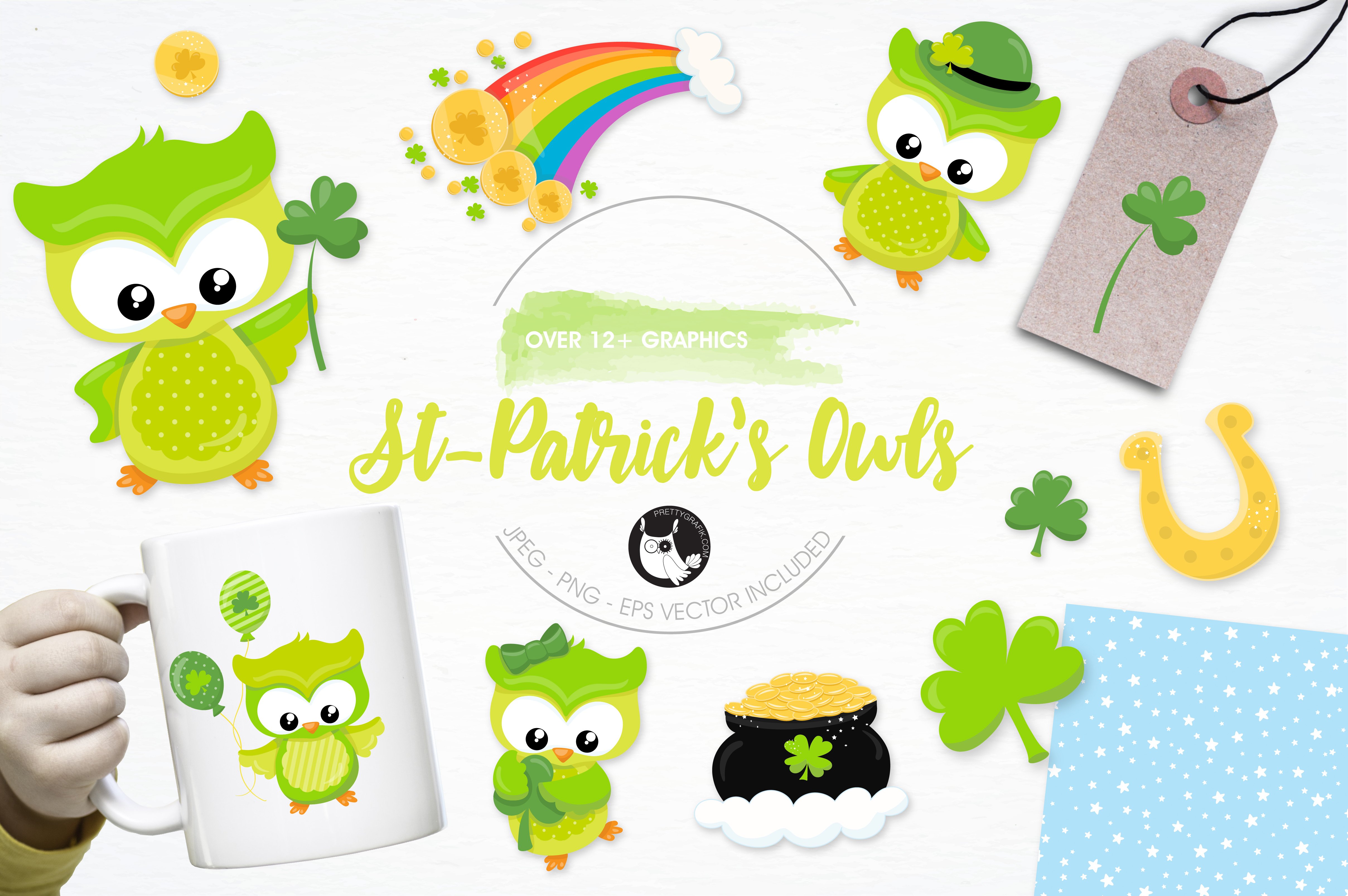 St-Patrick's Owls Illustration Pack - Vector Image