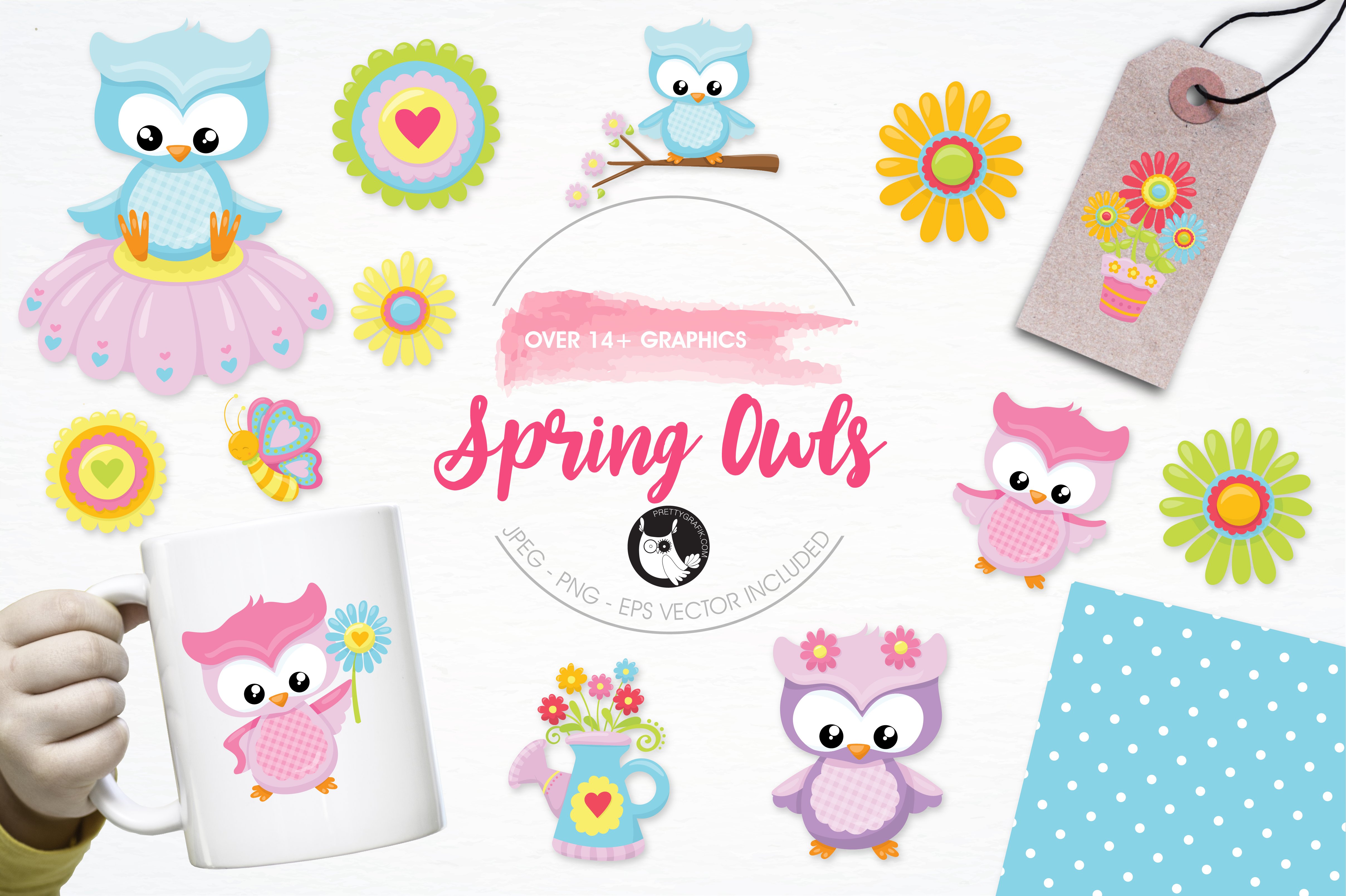 Spring Owls Illustration Pack - Vector Image