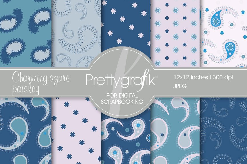 Blue Paisley Digital Paper - Vector Image