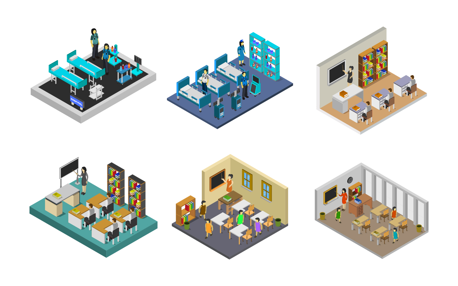 Set Of Isometric Rooms On Background - Vector Image