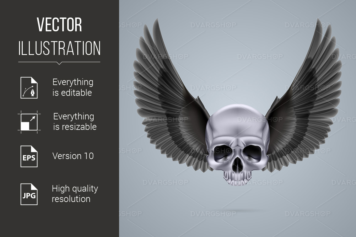 Metal Chrome Skull with Two Wings - Vector Image