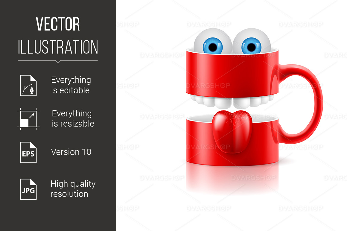 Red Mug of Two Parts with Teeth, Tongue and Froggy Eyes - Vector Image