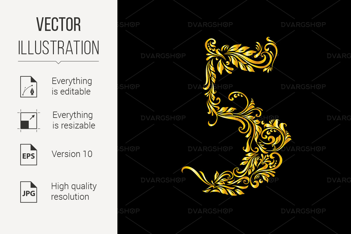 Decorated Five Digit on Black - Vector Image